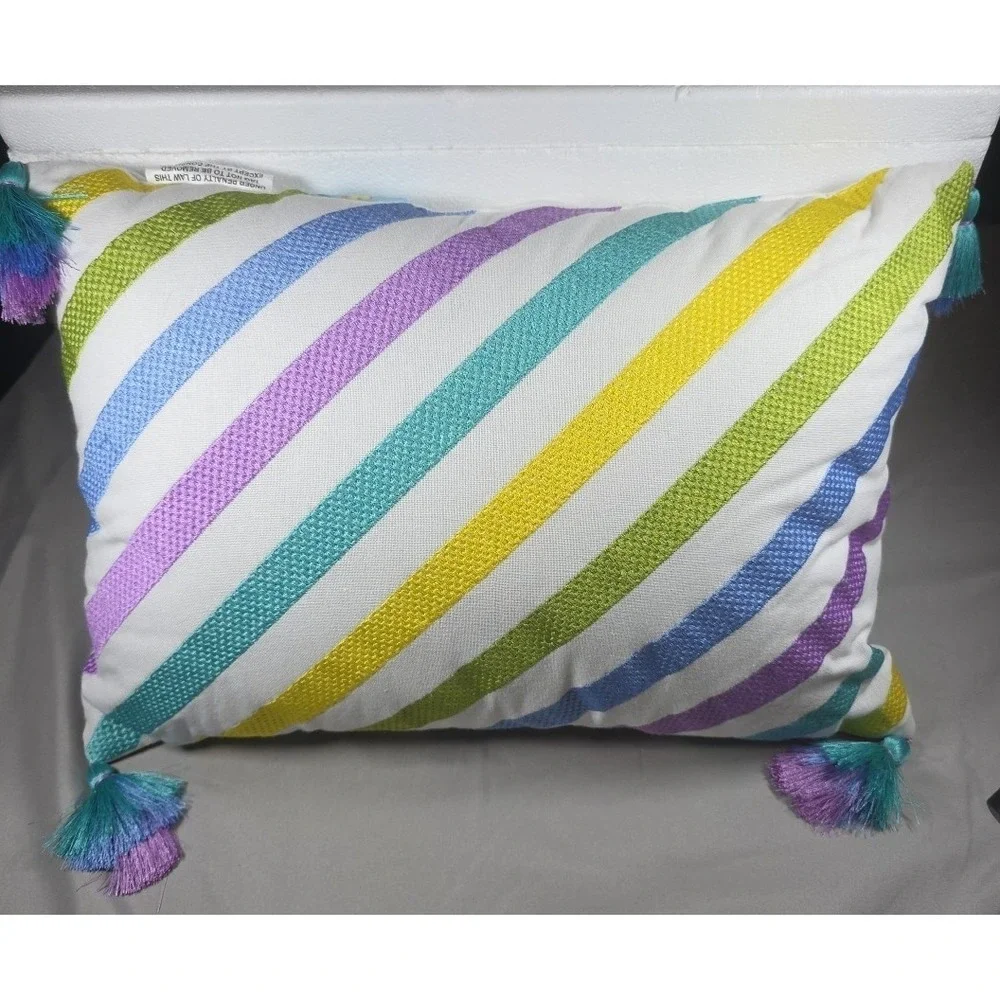H For Happy Multicolor‎ Kids Decorative Accent Pillow With Tassels 20X14in